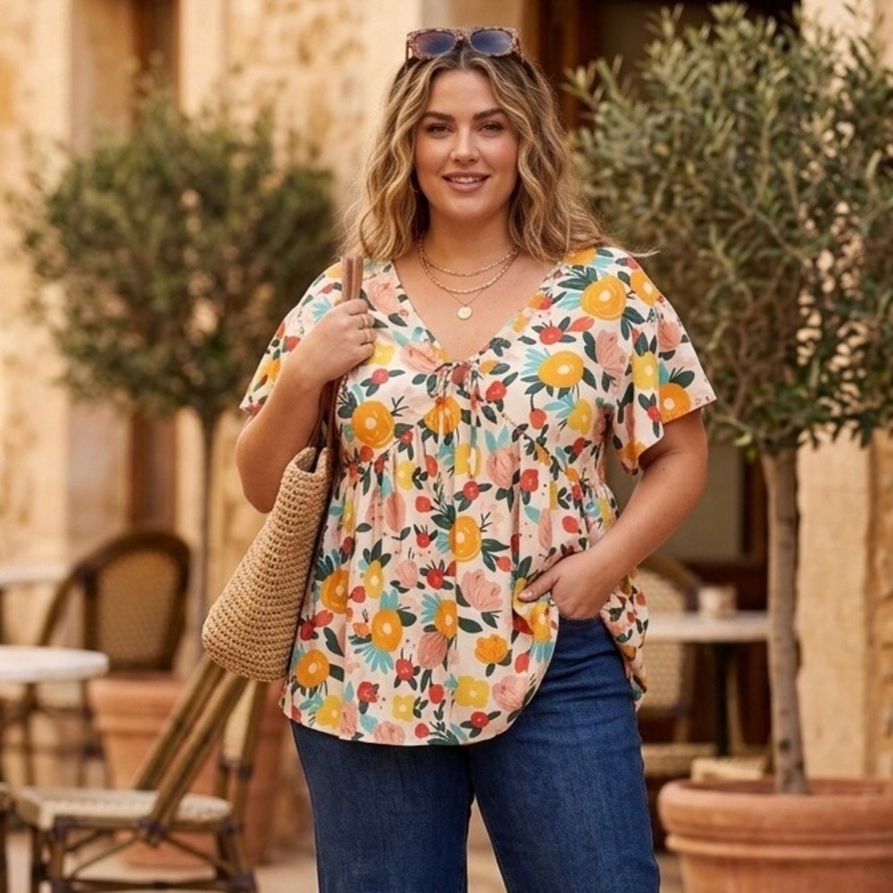 Chic Soul‎ Womens 1X Floral Babydoll Top V-Neck Flutter Sleeve Cream Multi